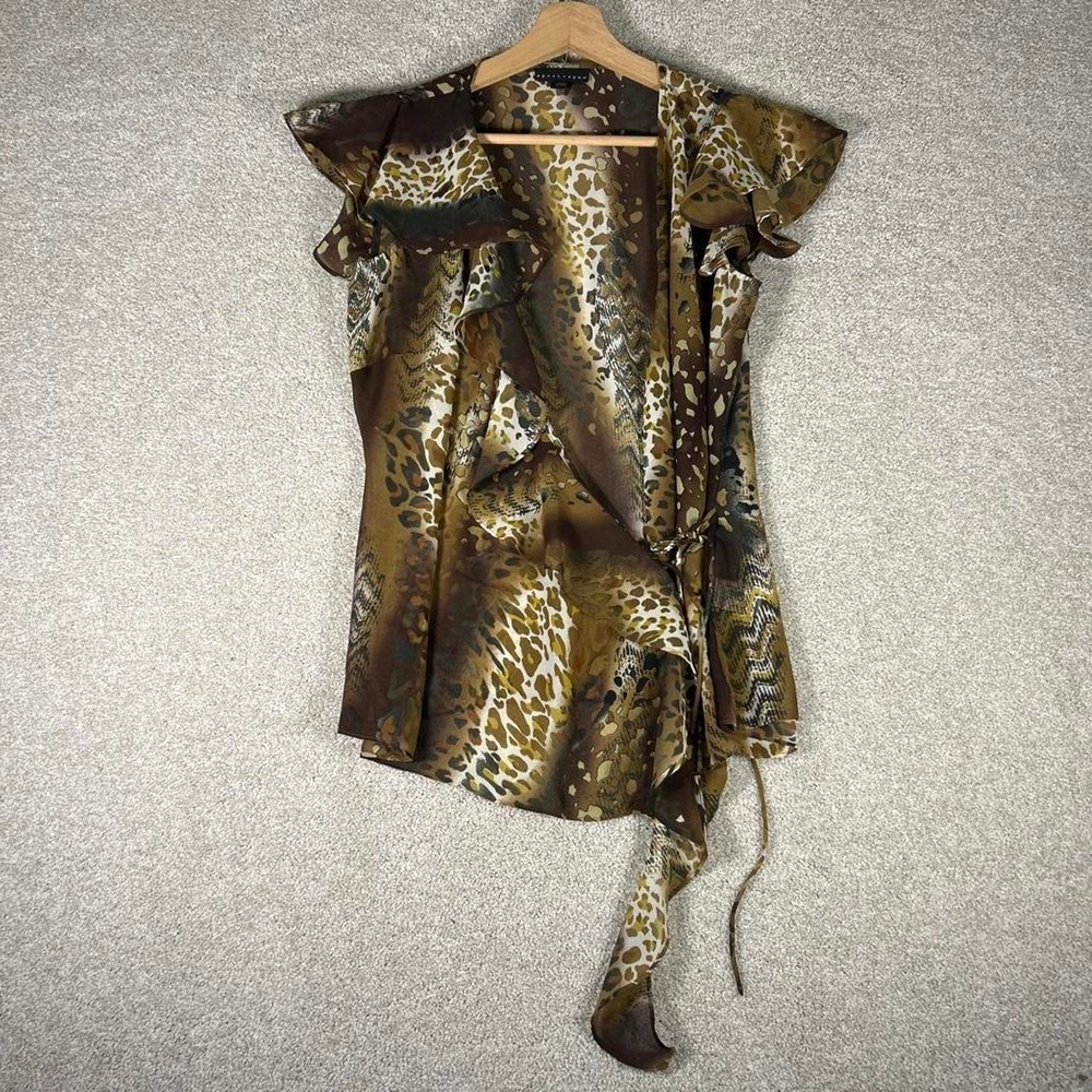 Y2k women's grunge Leopard print blouse with ruffle sleeves and tie waist S